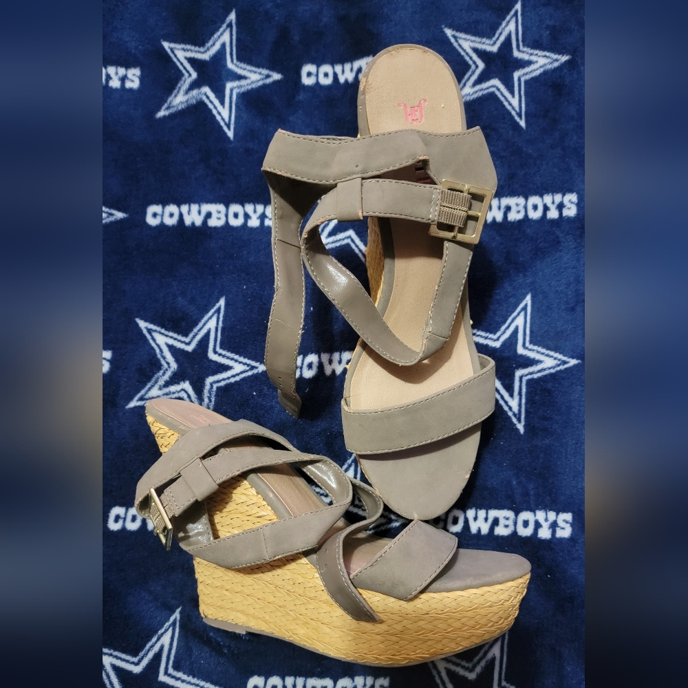 JustFab Taupe and Tan Wedge Sandals